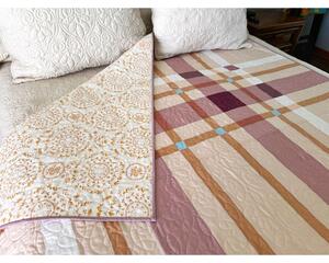 handmade modern quilt, 65 X 65, shades of blush and rose pink, plum and gold; professionally quilted; patterned after woven plaid; feminine